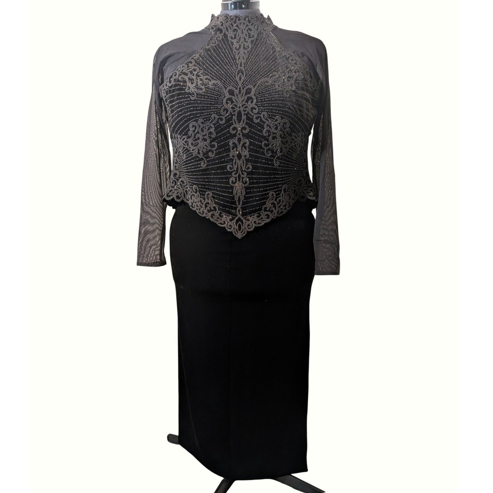 Tadashi Shoji 90s Vintage Velvet and‎ Mesh Beaded Set Rich Brown fits modern M-L
